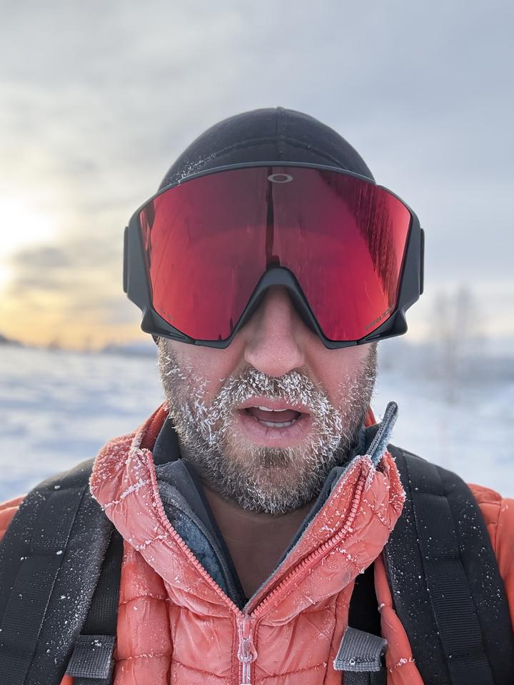 Rob Wilkinson in a frosted beard and red goggles